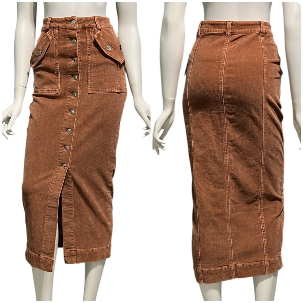 NWT Forever 21 Corduroy Button Down MIDI Pencil Skirt Praline Brown XS